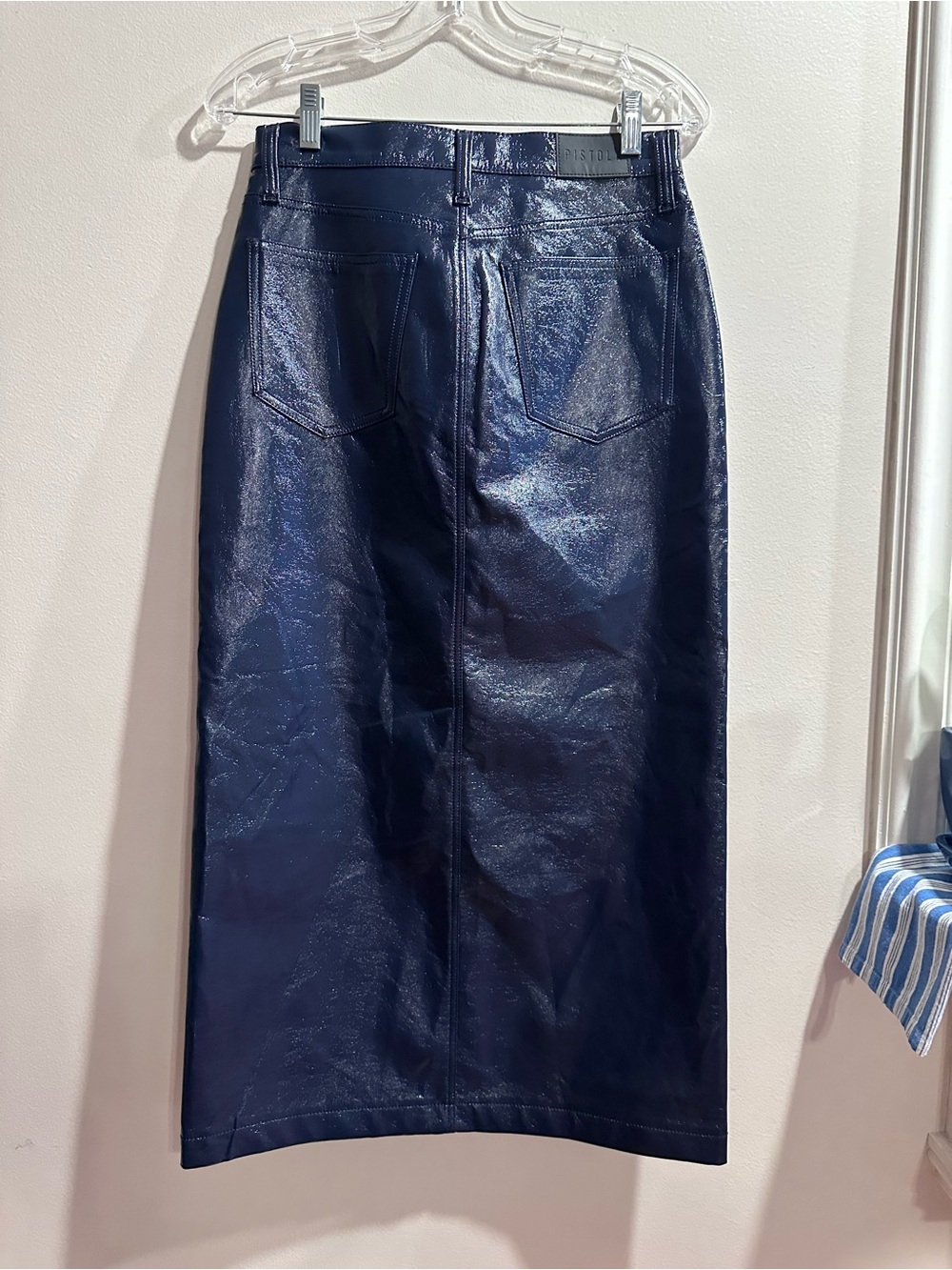 Vegan Leather Midi Skirt with Front Slit - Navy - Picture 8 of 9
